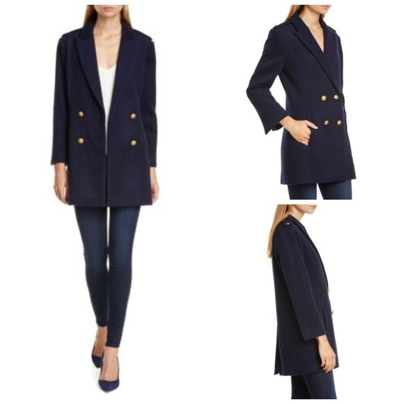 NWT L'AGENCE Dark Blue EMMI Wool Blend Double Breasted Pea Coat Jacket